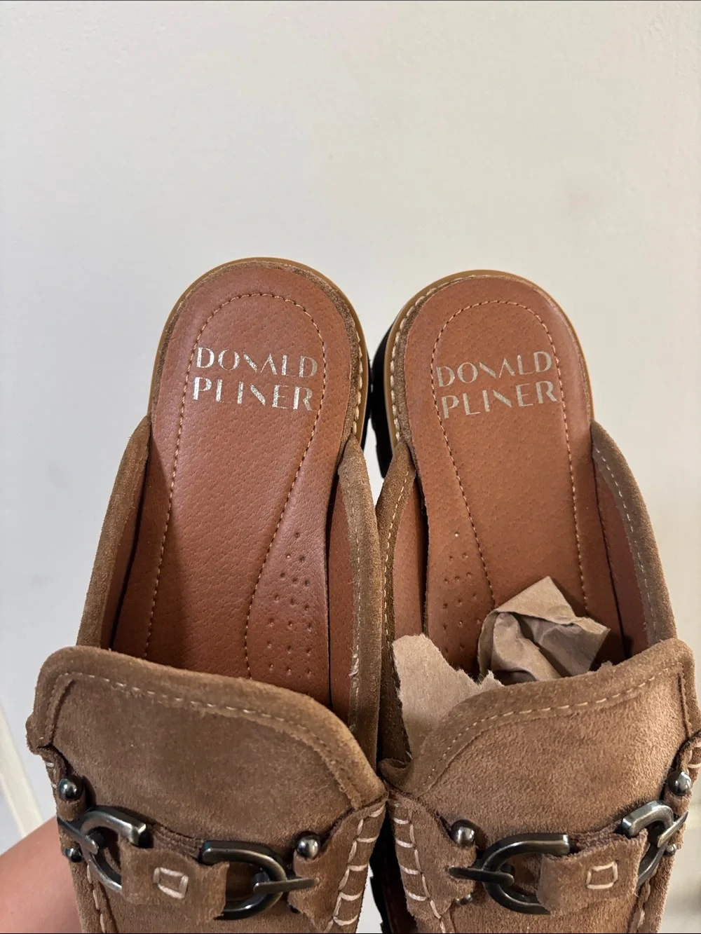 Donald J. Pliner Brown Suede Slip-On Loafers with Metal Bit